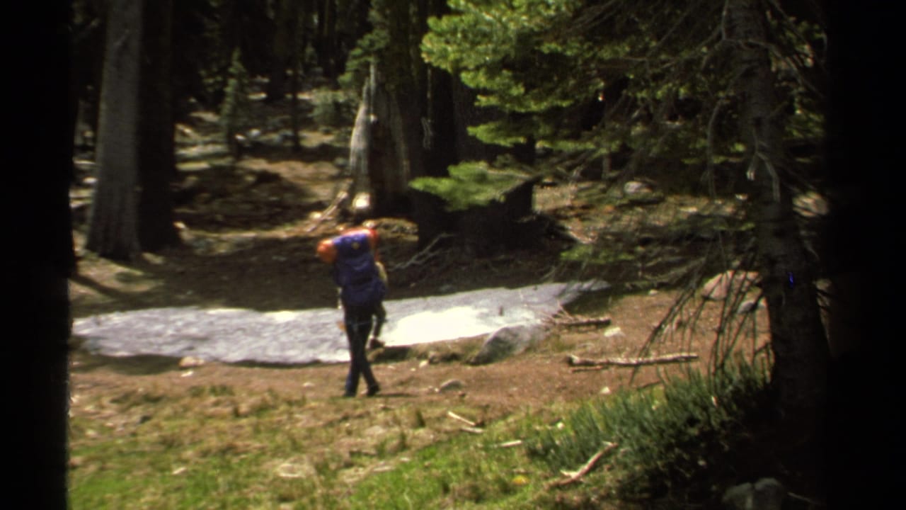 A hiker with a large blue backpack pauses in a wooded Lake Tahoe setting, with another hiker partly visible at the edge.