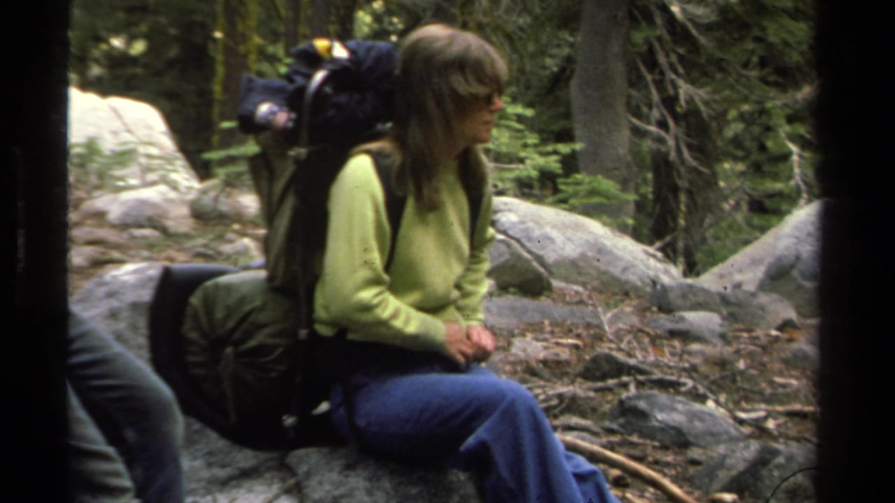 Woman with a backpack sits on a rock in the forest and looks to the side.