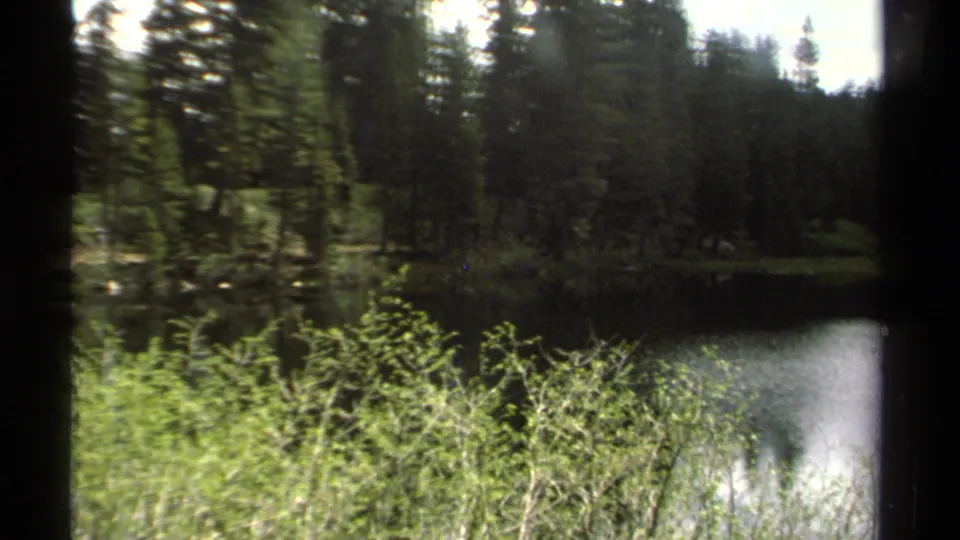 1978 8mm Lake Tahoe-area pond scene with dark water, reflected sky, dense brush, and shadowed evergreen trees.