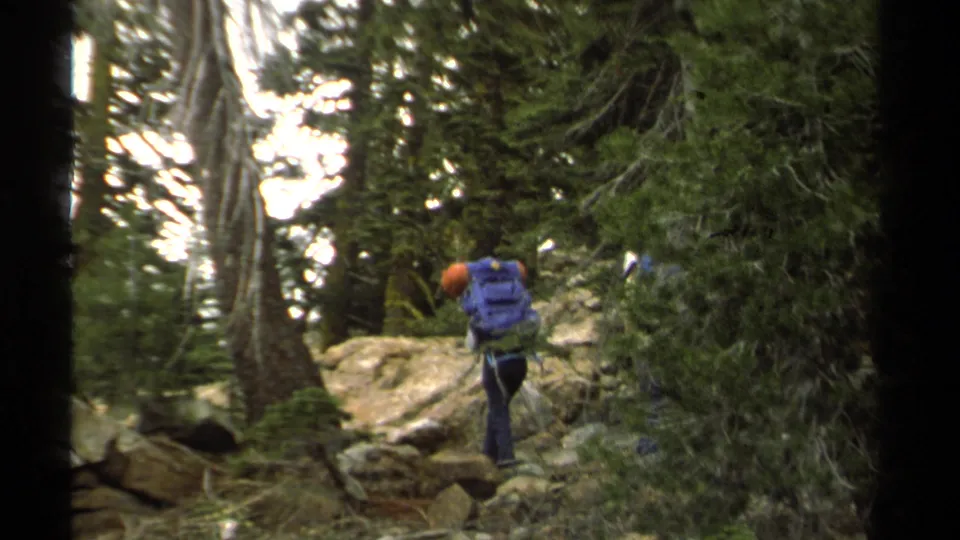 Back view of a 1978 Lake Tahoe hiker with a blue pack moving up a narrow rocky trail between conifers.