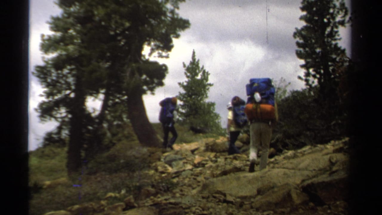 Three backpackers walking on a rocky wooded trail under a cloudy sky.