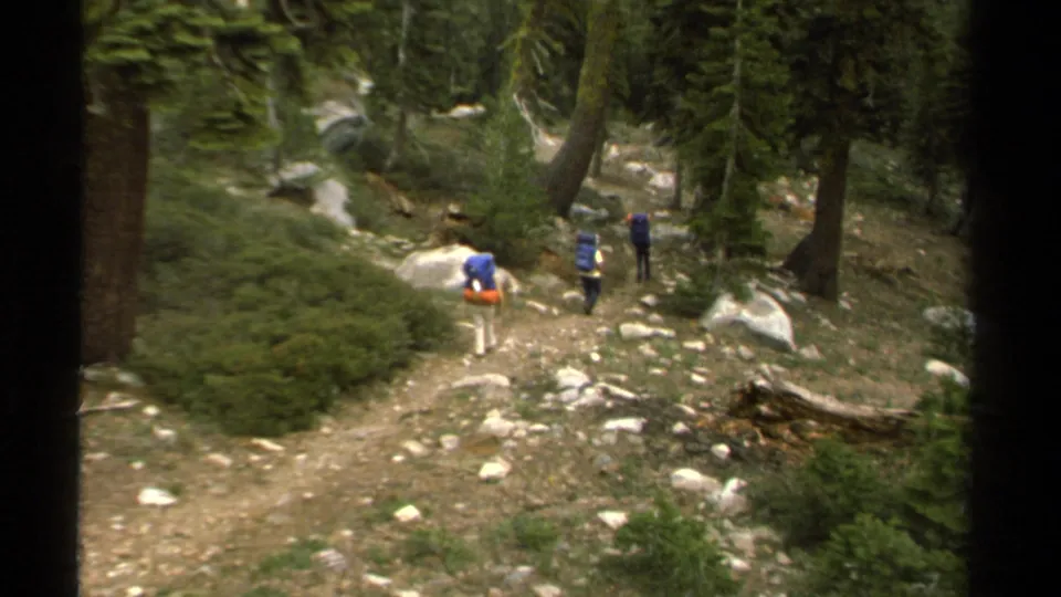 A small hiking group with loaded packs walks away through a rocky Lake Tahoe pine forest in 1978 archive footage.