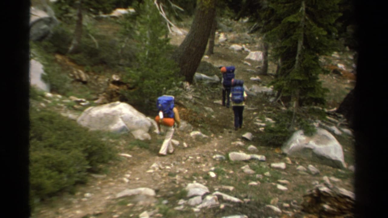 Backpackers continue down the dirt trail between trees and rocks.