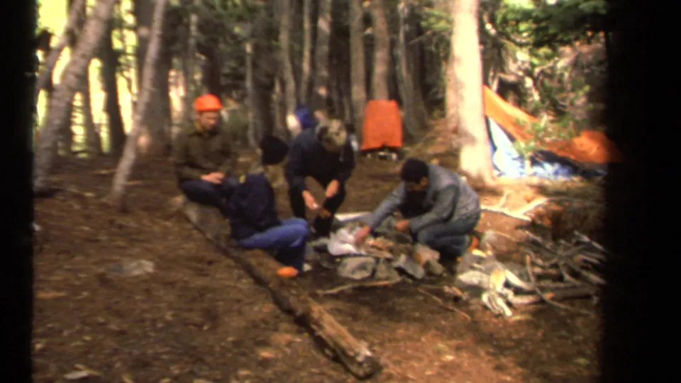 Four adult campers gather on logs around supplies in a forest campsite, with a colorful tent visible in the background.