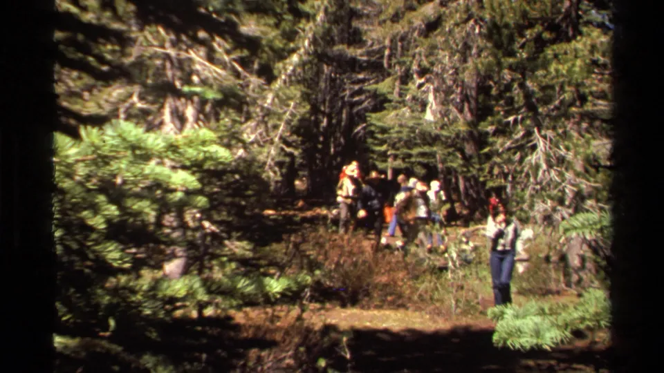 The closing 1978 Lake Tahoe frame shows a small hiking group on a wooded trail with backpacks, hats, brush, and dense pine cover.