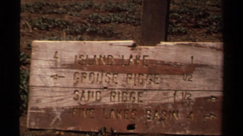 Close 8mm view of a worn Lake Tahoe-area trail sign, with stenciled route names and distance marks on sunlit wood.