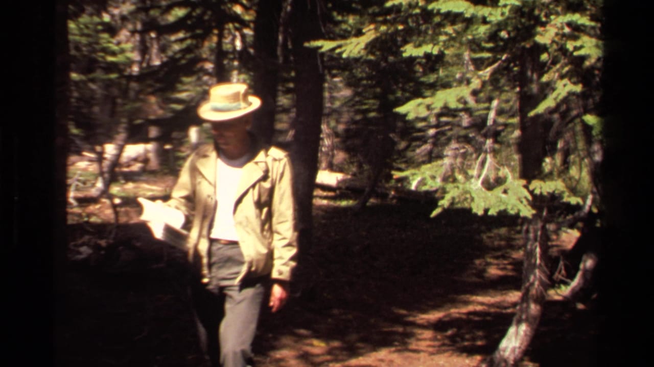Man in straw hat and tan jacket looks at a paper map in the forest.