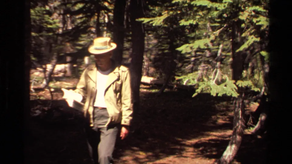 1978 Lake Tahoe home-movie frame showing a hiker in a straw hat reading a paper map among pine trees.