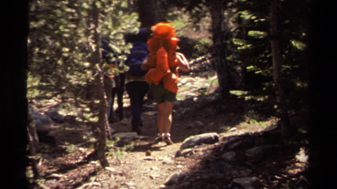 Orange-pack hiker pauses behind another backpacker on a shaded forest path.