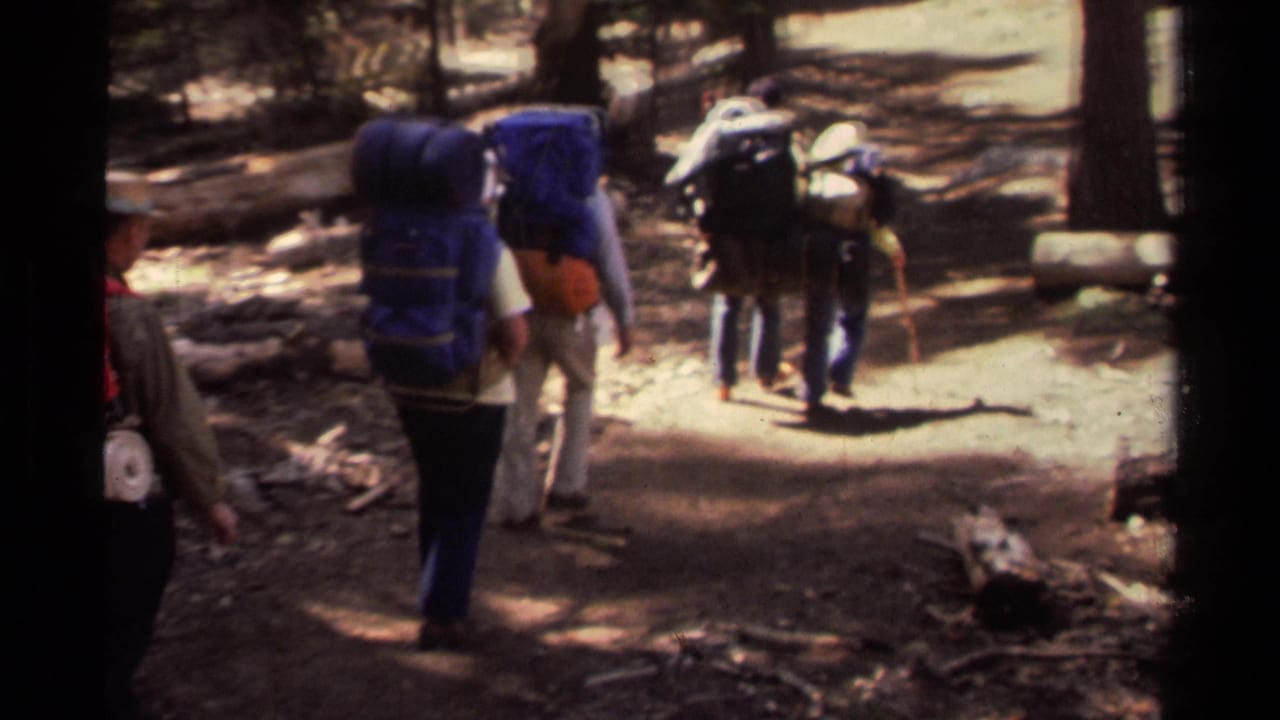 The group hikes away from the camera on a Lake Tahoe forest trail, carrying large blue and dark packs.