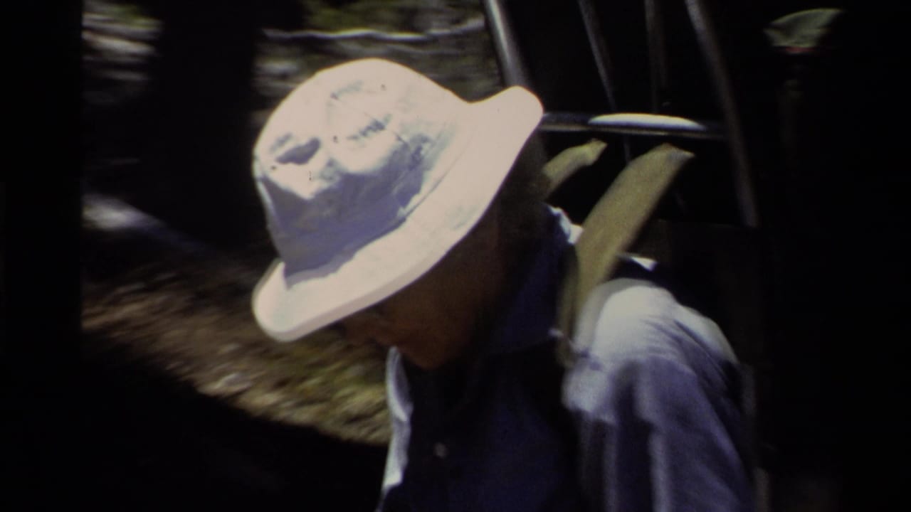 Person in a white sun hat walks with a large backpack in the woods.