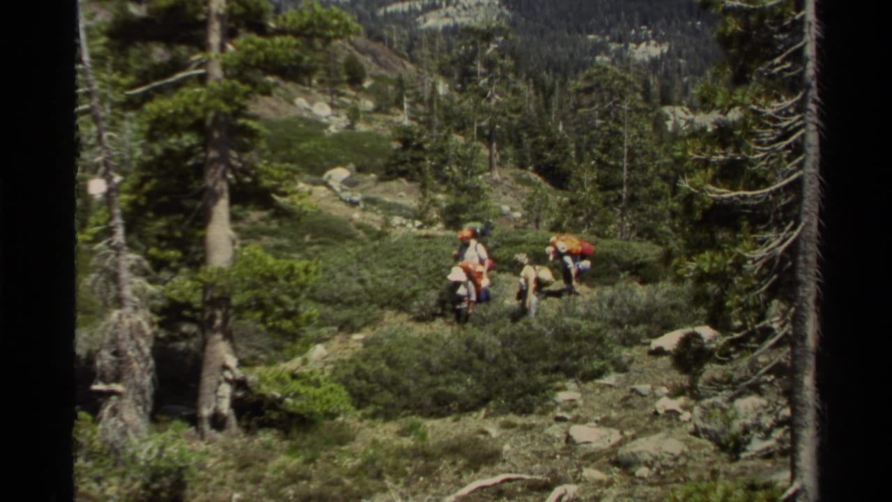 Hikers with large packs move across a rocky Lake Tahoe mountain trail among pines and low shrubs in 1978 footage.
