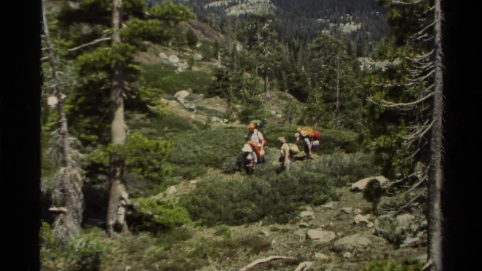 Hikers with large packs move across a rocky Lake Tahoe mountain trail among pines and low shrubs in 1978 footage.