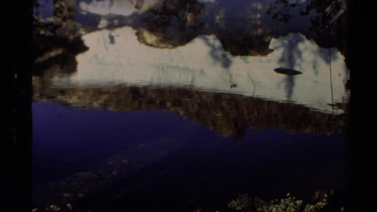 Upside-down lake reflection with dark shoreline shapes, blue water, and film edge shadows.