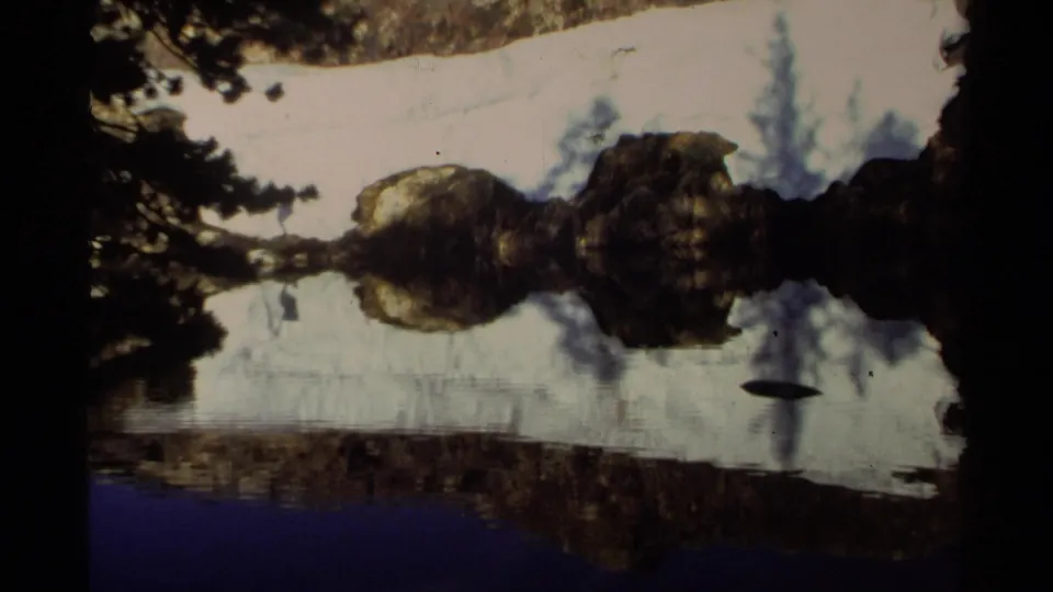 1978 Lake Tahoe frame showing reflected sky, trees, and shoreline on still water, with visible 8mm edge shadows and grain.