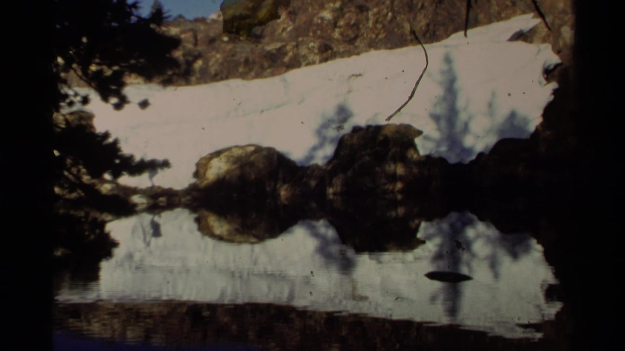 Snowbank, rocks, trees, and reflections along a calm lakeshore.