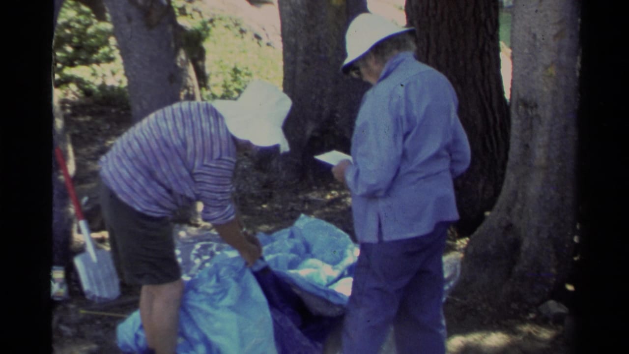 Two campers in white hats work beside a blue tarp among trees.