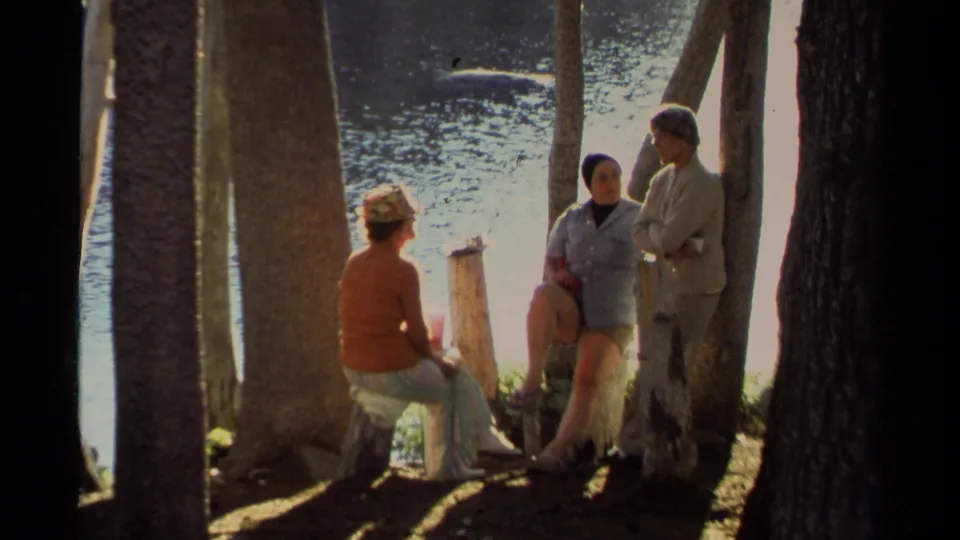 Three men in a wooded Lake Tahoe lakeside setting, one seated on a log and two standing near tree trunks in 1978 8mm footage.