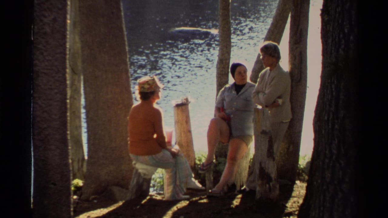 Three men continue talking beside the lake under tall trees.
