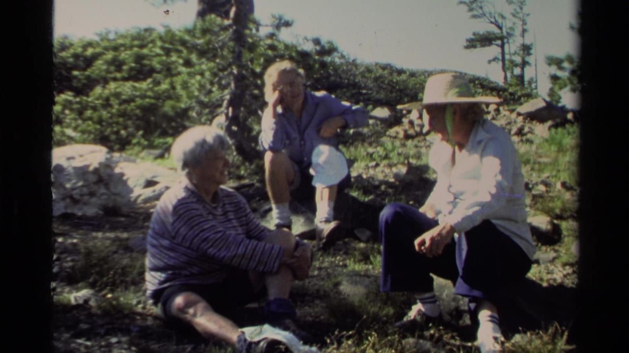 Three people seated on a rocky hillside among shrubs and trees.