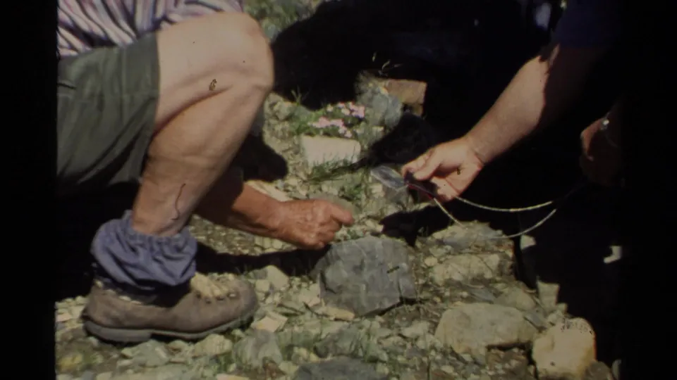 Lake Tahoe camping close-up showing a camper's hand, boot, rocks, and a small object handled near the ground.