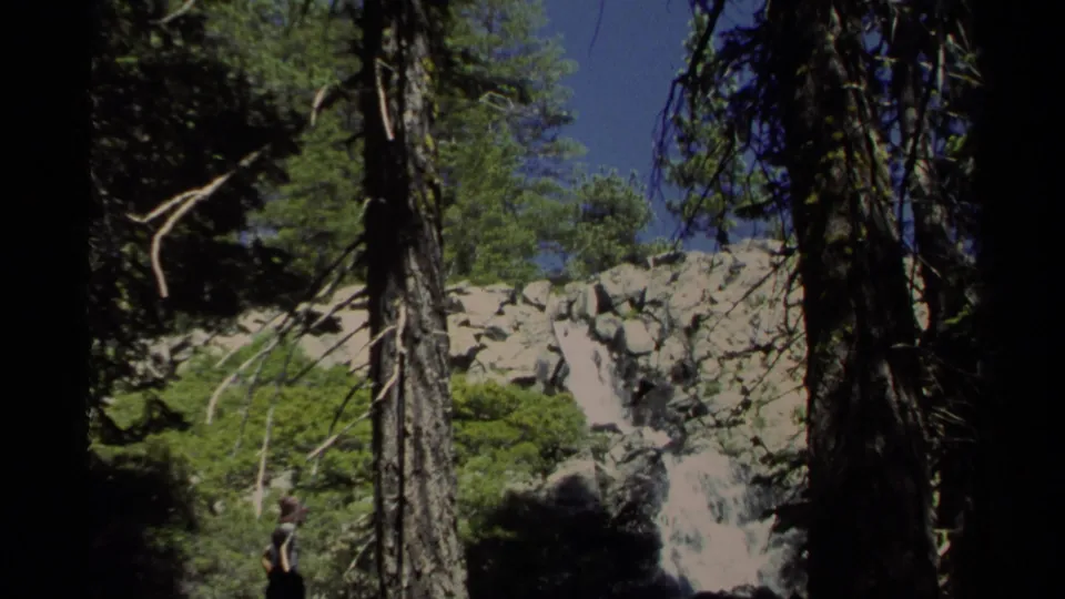 Forested Lake Tahoe scene with pine trunks, a rocky slope, blue sky, and a distant waterfall in 1978 8mm footage.