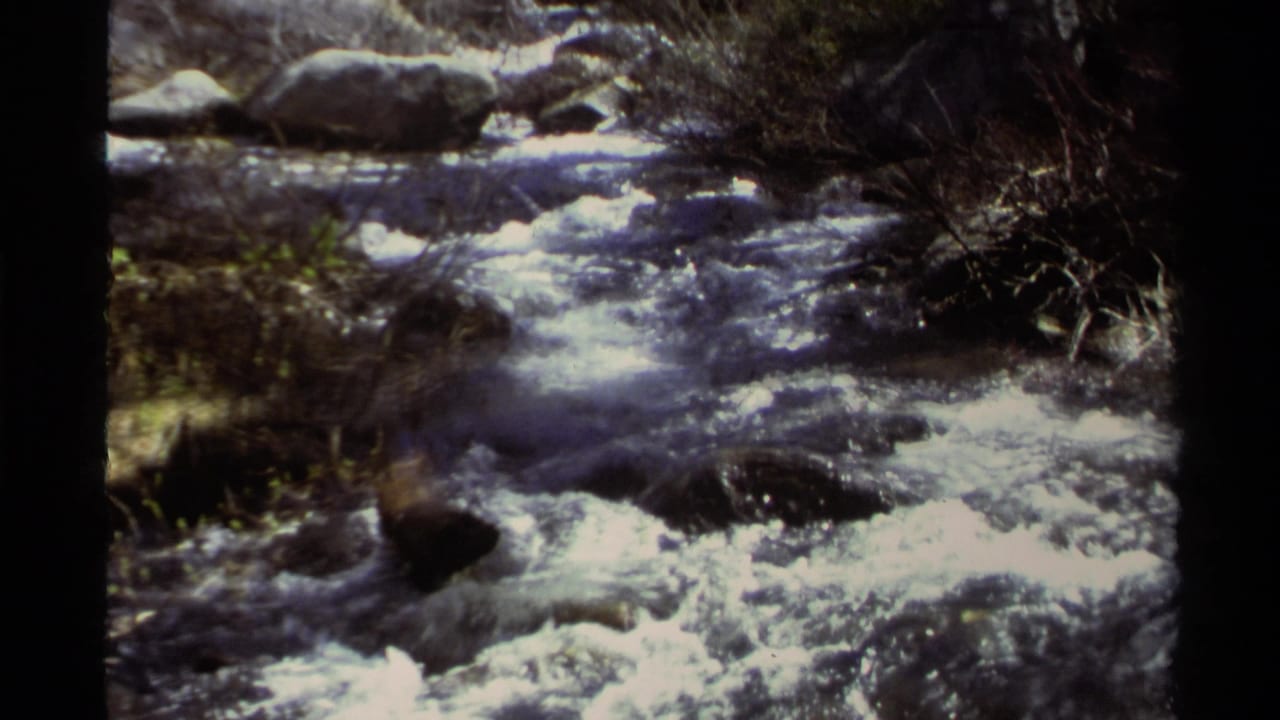 Lake Tahoe home-movie frame with bright rapids moving over dark rocks, framed by brush and rounded boulders.