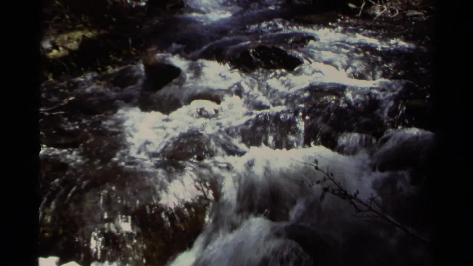 Lake Tahoe 8mm frame of a small cascade or rapid dropping over rocks, with bright water highlights and brush at the edge.