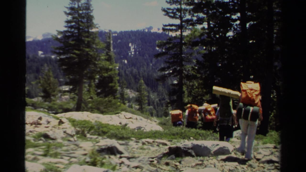 Backpackers descend a rocky forest trail with pine trees and wooded mountains beyond.