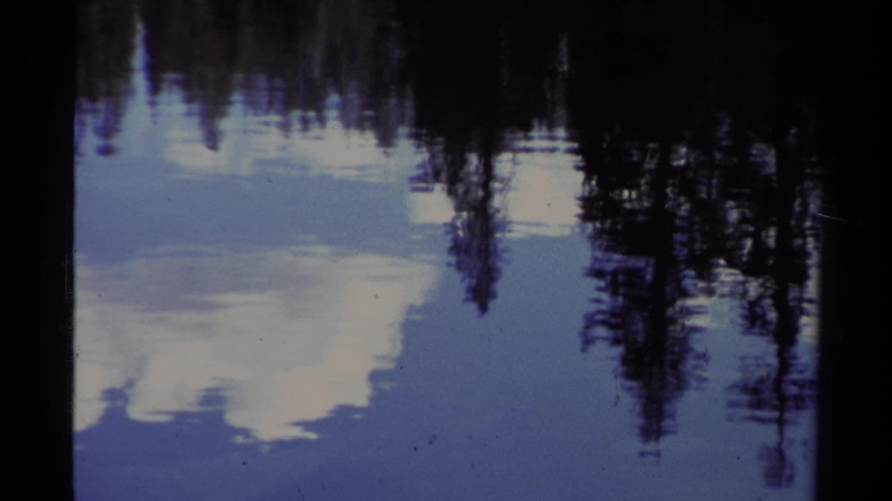 Lake Tahoe water reflects pale clouds and a dark treeline, with the 8mm frame holding a soft blue cast.