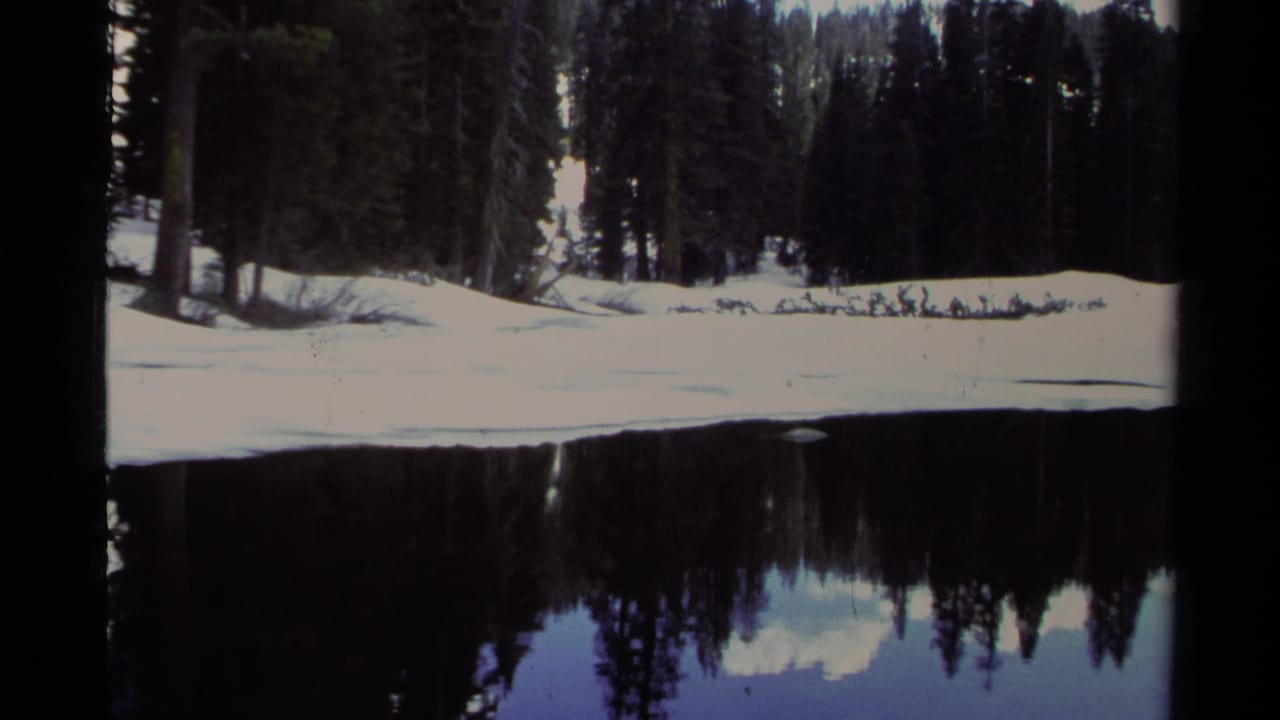Lake Tahoe home-movie frame with snow at the shore, pine forest, and a clear reflection on the lake surface.