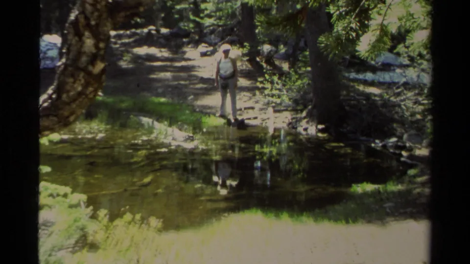 The camera is closer to an adult man standing by Lake Tahoe shoreline water, with his reflection visible among trees and rocks.