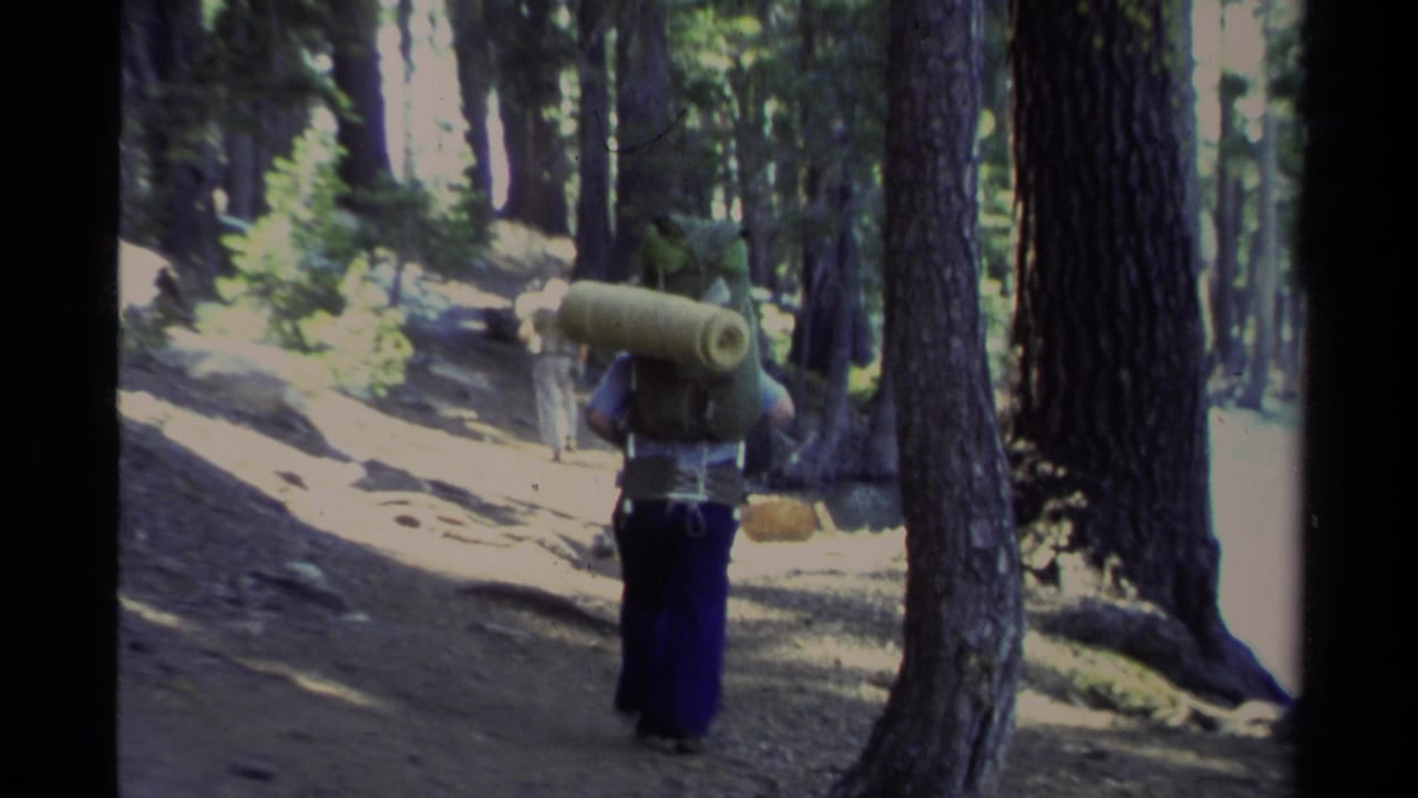 Hiker with a rolled sleeping mat walks deeper into a wooded trail.