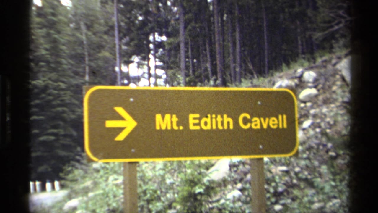 1979 8mm travel frame showing a yellow Mt. Edith Cavell directional sign near dense evergreen forest in the Canadian Rockies.