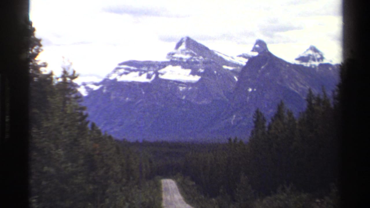 Forest road leading toward snow-streaked mountain peaks under a cloudy sky.