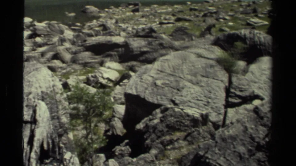 1979 8mm British Columbia frame of rocky ground with a broad flat boulder, moss patches, and low shrubs or small trees.