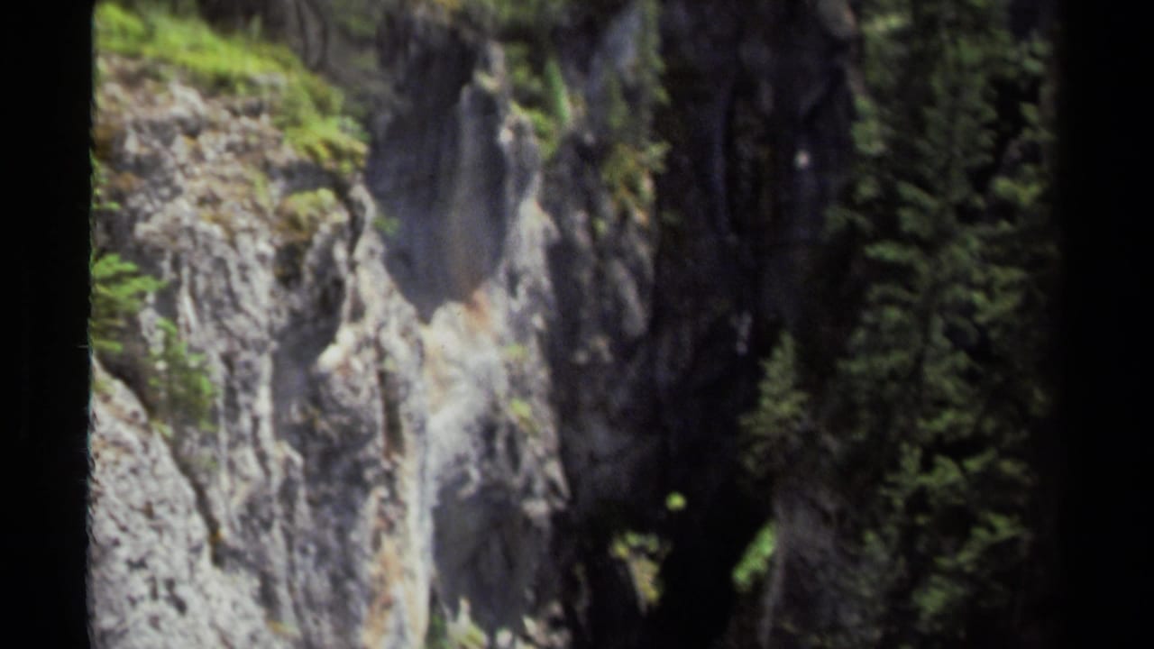 Steep canyon rock face with dark forest shadows and patches of green vegetation.
