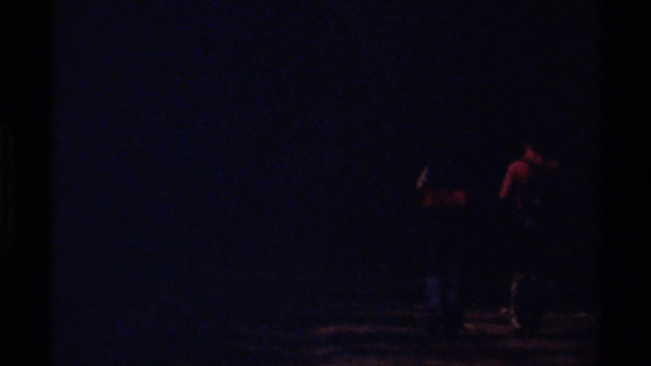 Underexposed 8mm frame from the British Columbia hiking clip, with faint figures on a forest road.