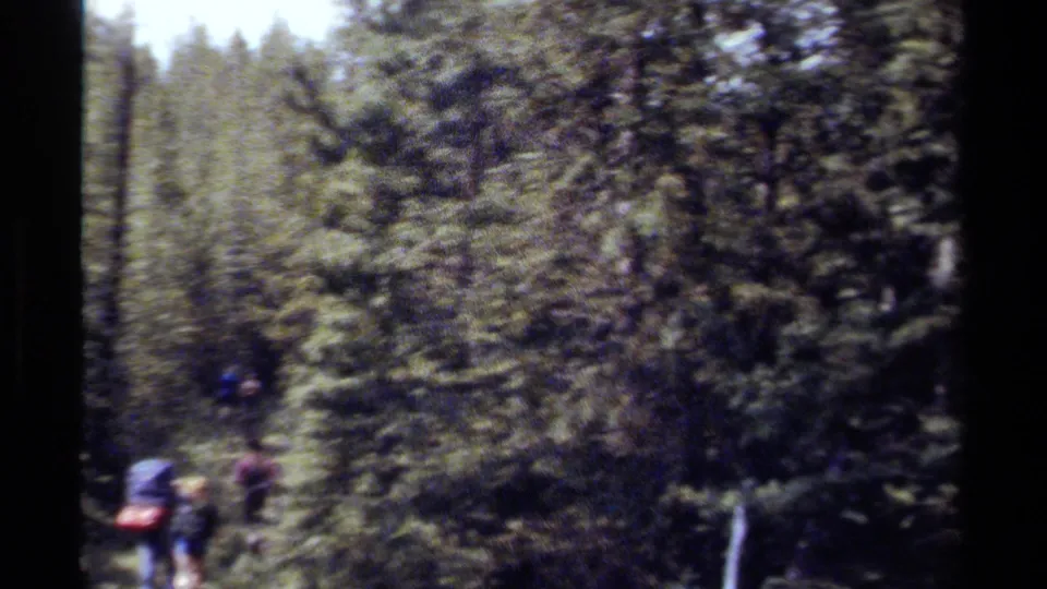 Backpackers appear on a narrow wooded trail in British Columbia, filmed from behind on 8mm home-movie footage.