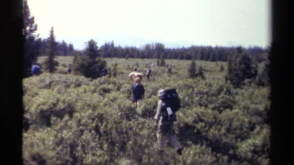 British Columbia 1979 8mm frame showing hikers with backpacks moving through a brushy clearing toward trees and low hills.