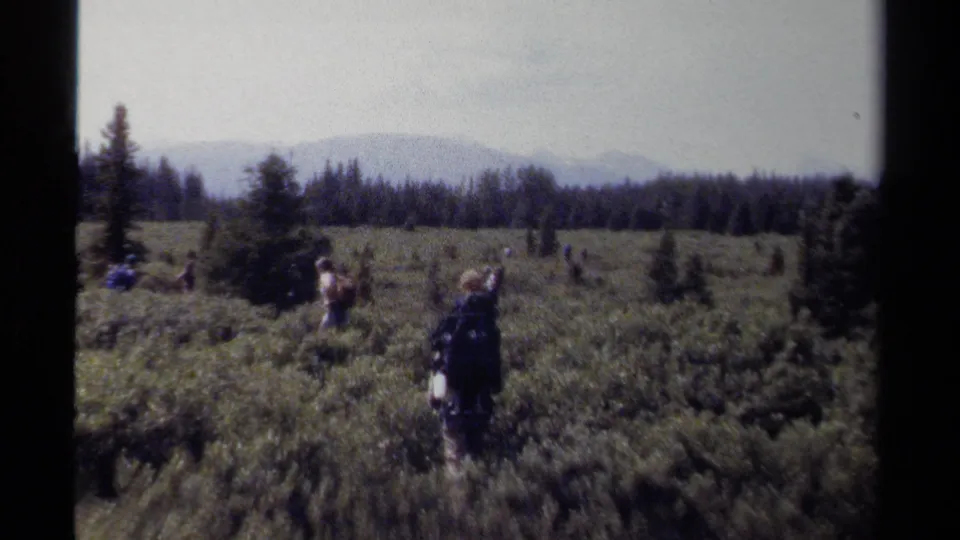 Campers with large backpacks appear spread across a British Columbia meadow, with conifer forest and soft mountain ridges behind them.