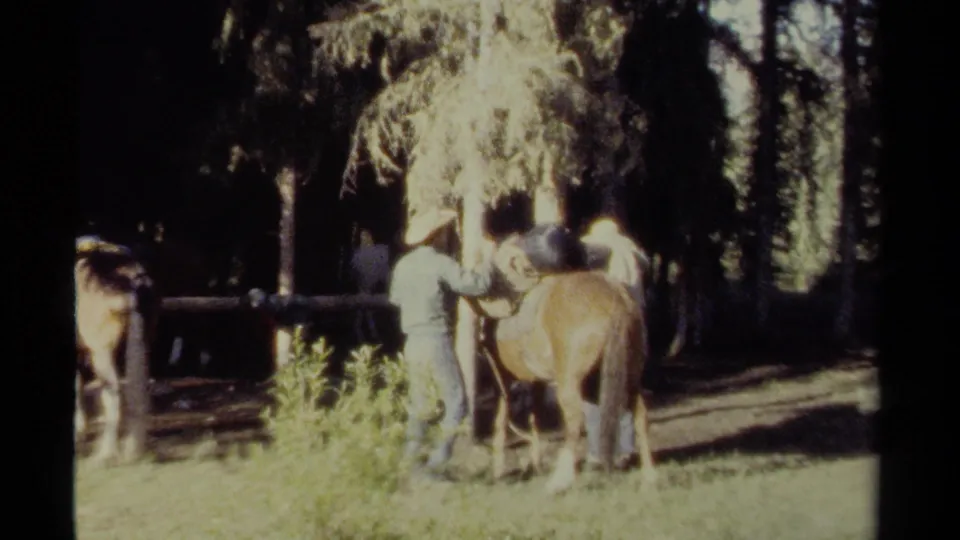 1979 British Columbia home-movie frame of a person standing close to a saddled horse beside a wooden fence in a wooded clearing.