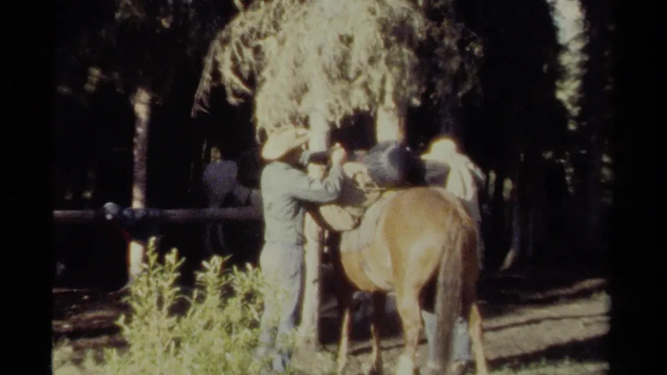 In a British Columbia 1979 8mm frame, two men in cowboy hats work beside a saddled brown horse in a wooded ranch setting.