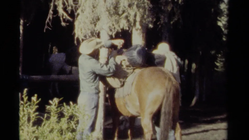 Two men in hats stand close to a saddled horse, adjusting tack and bags in a wooded British Columbia ranch scene from 1979.