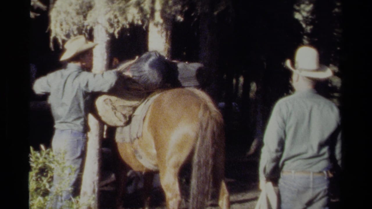 In 1979 British Columbia home-movie footage, two men in cowboy hats prepare a brown horse under trees.