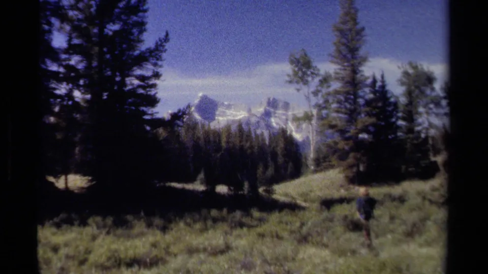 A lone man walks away on a meadow trail in British Columbia, with dark conifers and snow-streaked mountains in the distance.