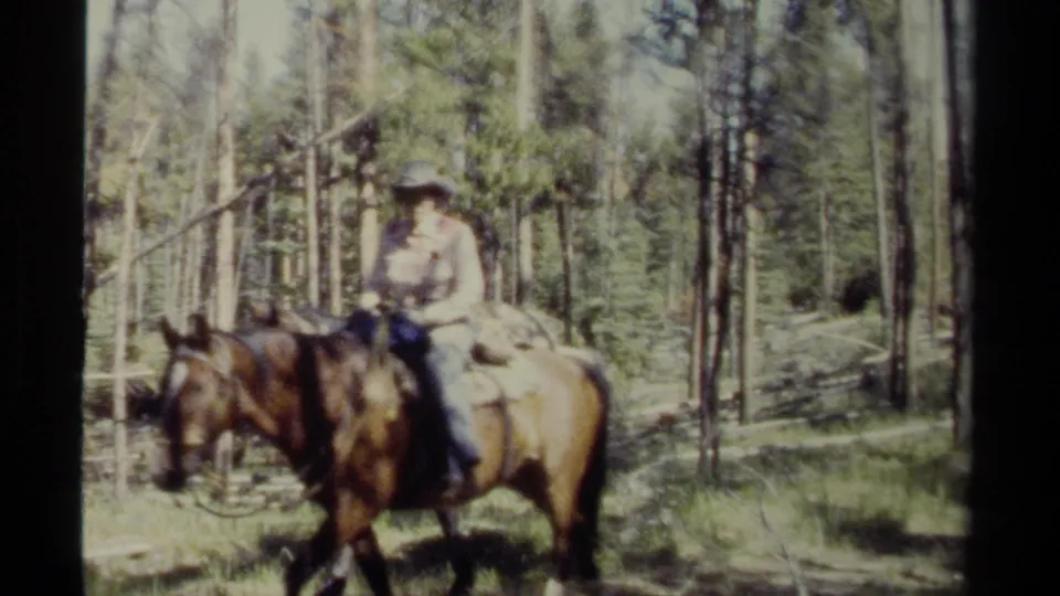 1979 British Columbia home-movie frame with an adult rider on horseback passing through a bright conifer forest.