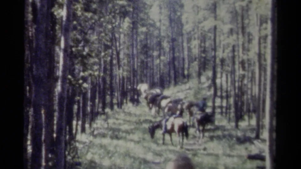 British Columbia 1979 home-movie still showing multiple horses and riders on a wooded trail, with soft grain and distant figures.