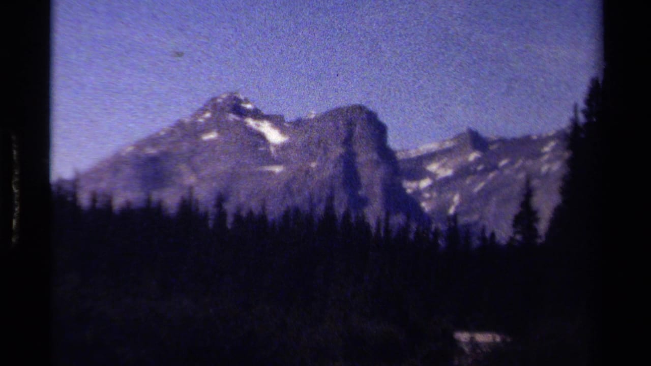 Mountain peak and forested ridge seen past dark pine trees and frame-edge shadows.