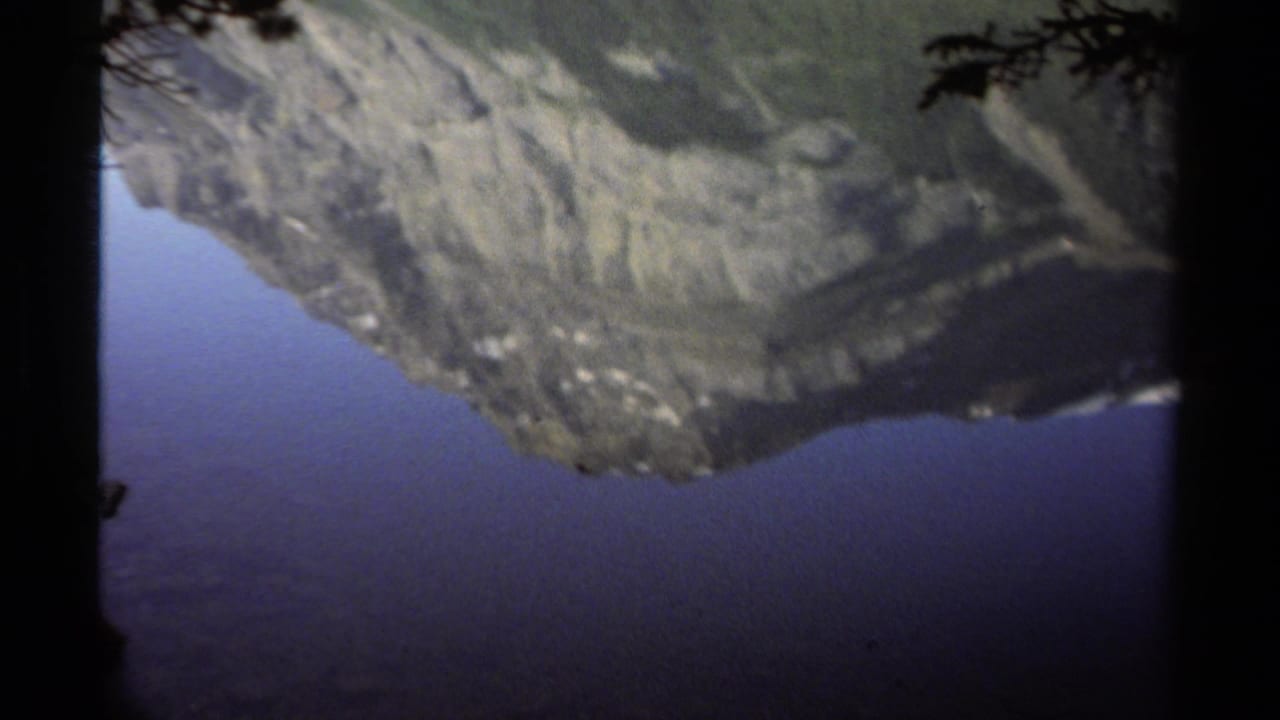 Upside-down view of a mountain reflected in a calm lake, framed by dark trees.